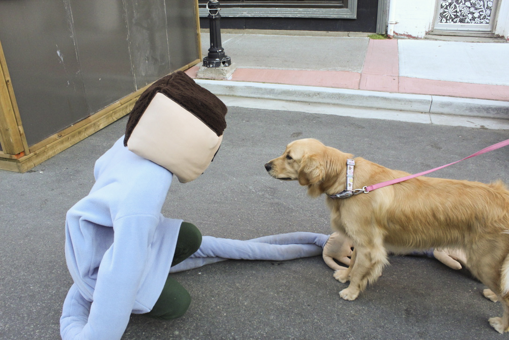 A mascot-like figure with a square head and blue sweater with very long sleeves crouching to greet a golden retriever