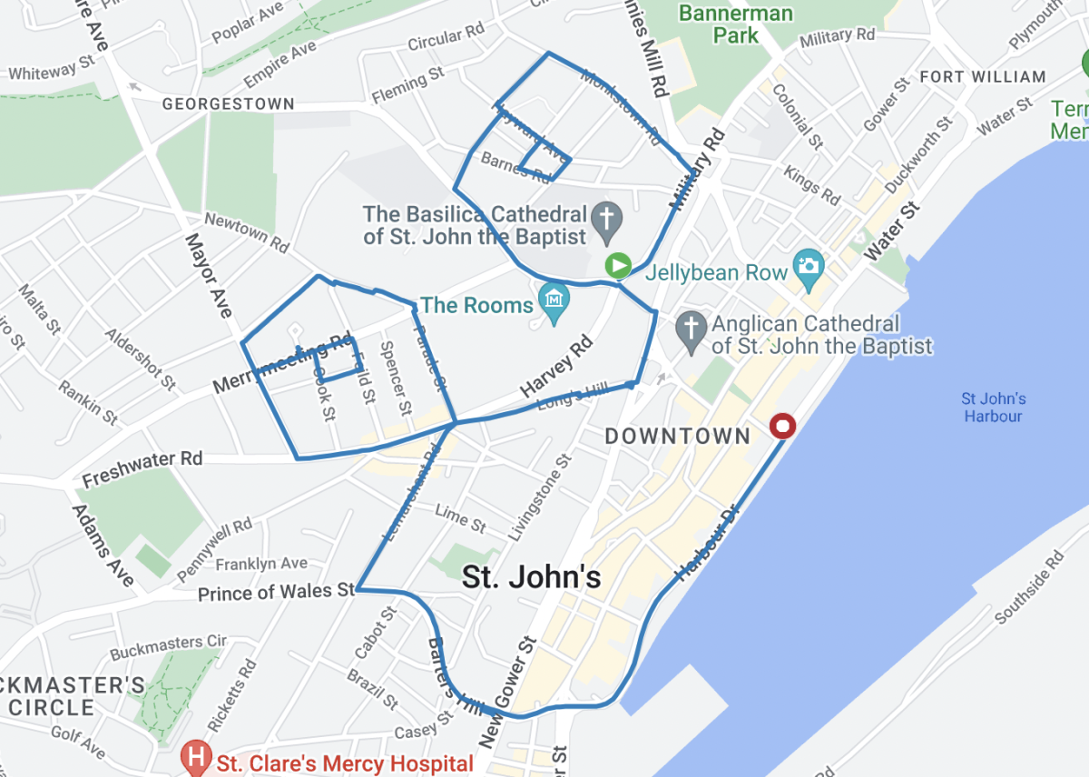 a map of downtown st. john's with a smile drawn using the roads